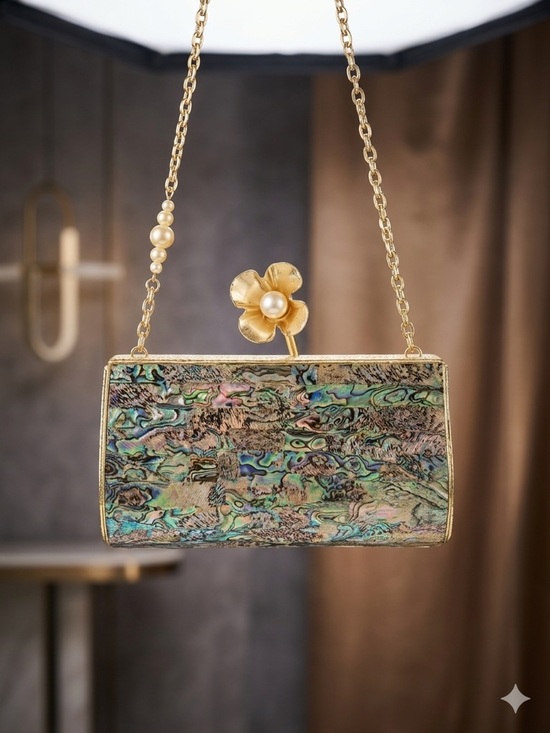 Handbags - Gold-Trim Abalone Shell Evening Clutch with Floral Pearl Accent